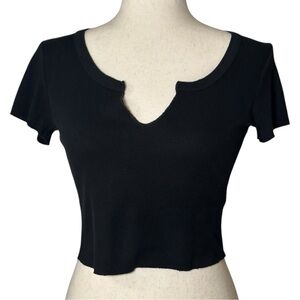 Topshop Crip Top Ribbed Black Notch Neck Short Sleeve Shirt Midriff Size US 6